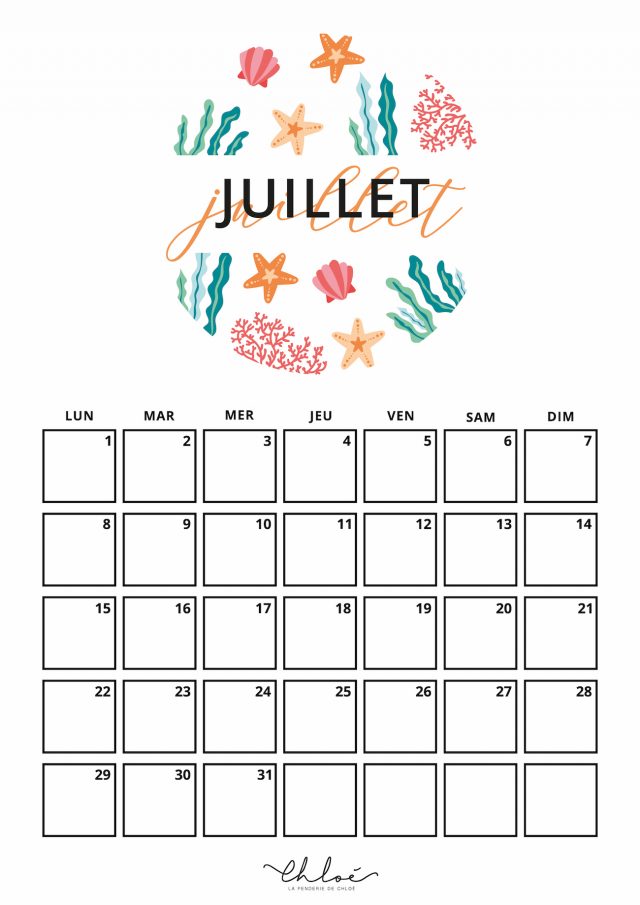 Calendrier Juillet + Kit à imprimer Blog lifestyle La Penderie de Chloé